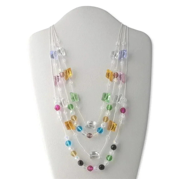 Bohemian Retro Multi-Strand Candy Colored Glass Baubles Necklace with White Cord - Picture 1 of 1